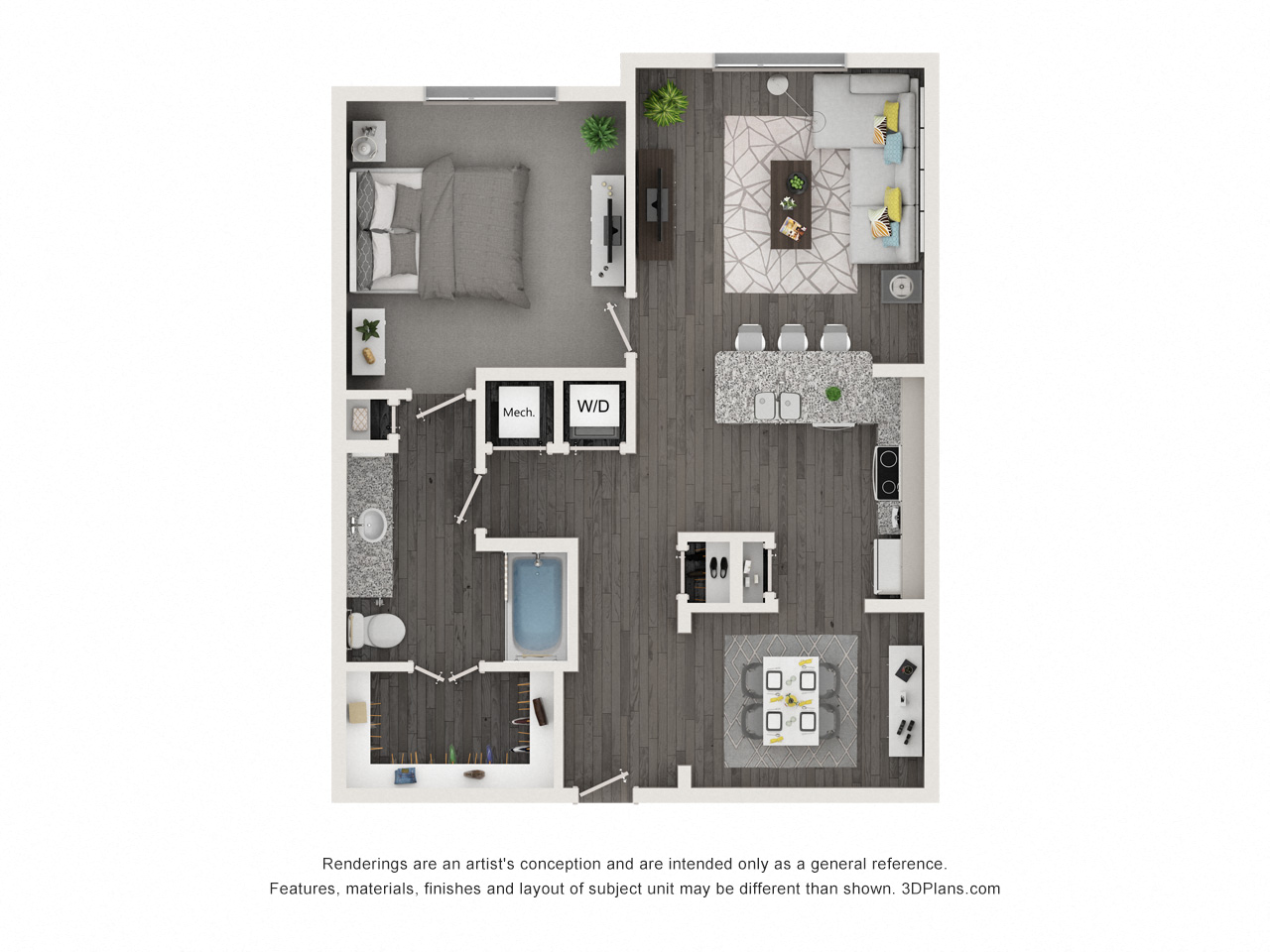 Floor plan for 1 bed, 1 bath, 877 sqft